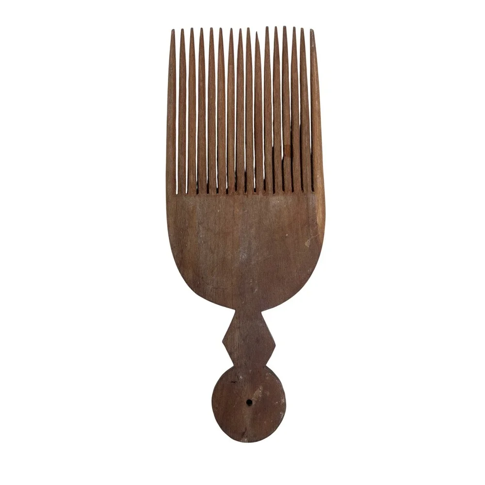 Vintage Hand Carved Wooden Afro Pick Hair Comb Geometric Handle Detangling Tool